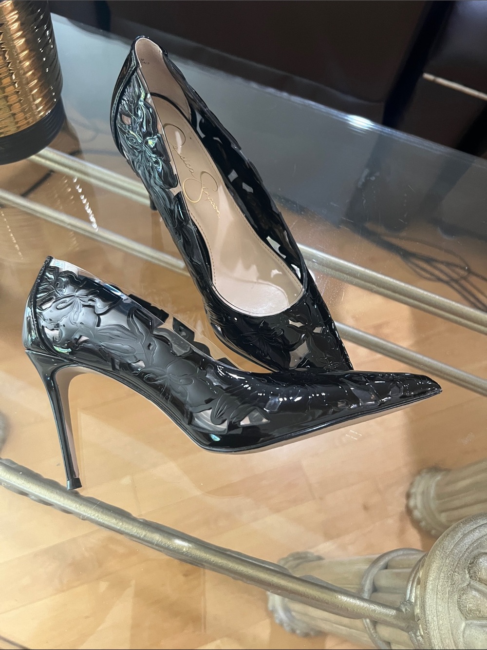 Jessica Simpson Black Patent Pointed Toe Pumps with Floral Embossing